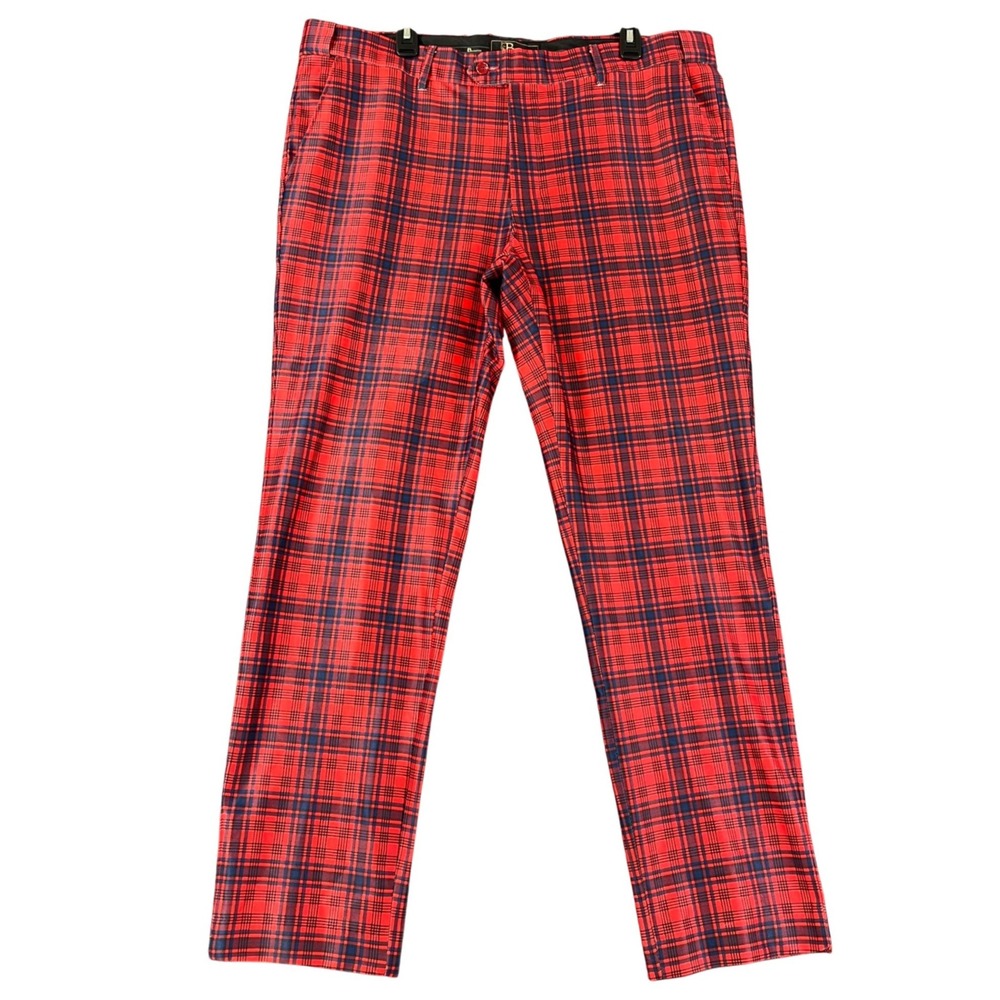 Barocco Los Angeles Plaid Pants Mens 40x32 Red Tartan Slim Fit Stretch Party